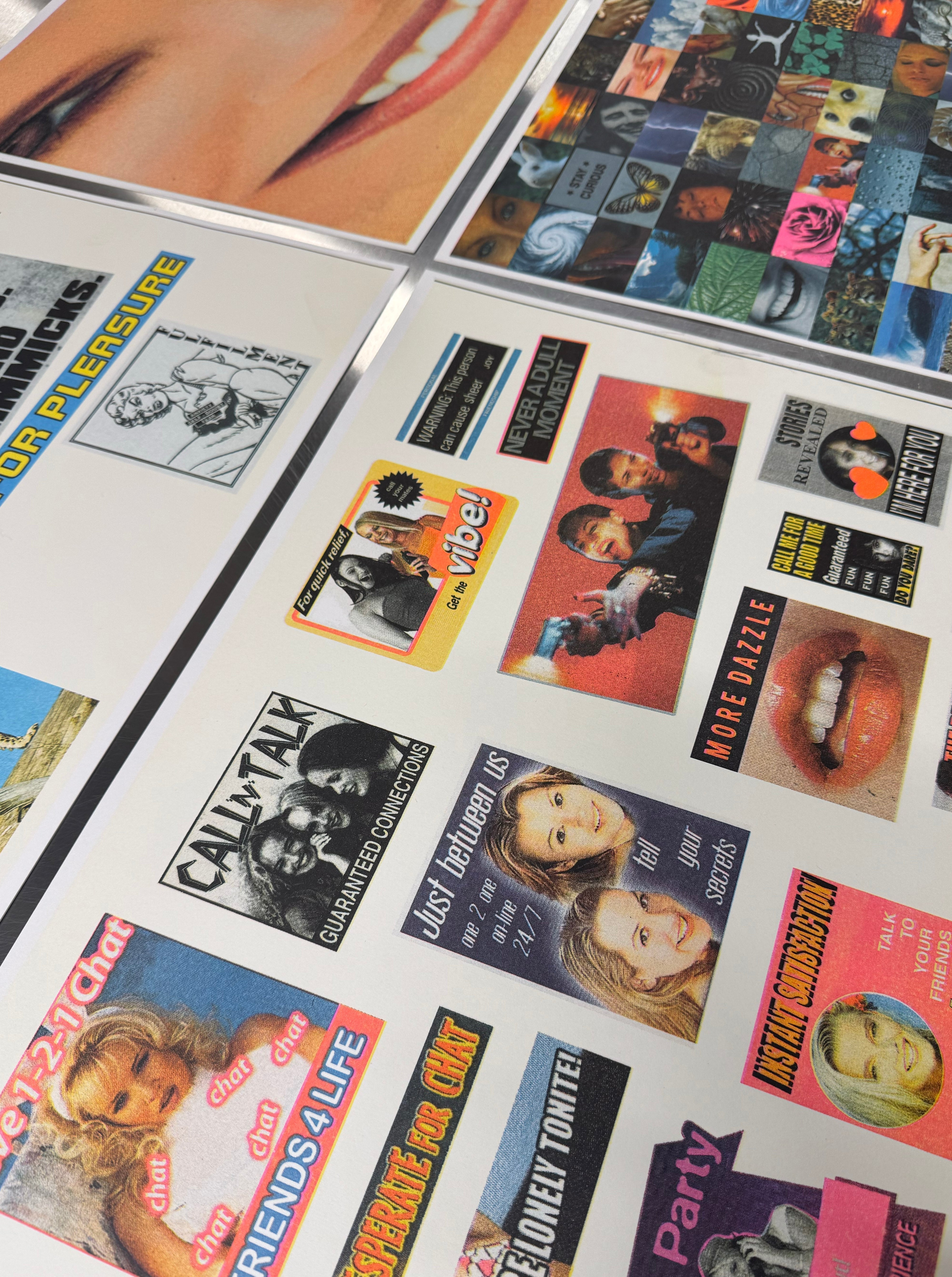 Interior spread of a book featuring various retro-style graphic design collages and typography.