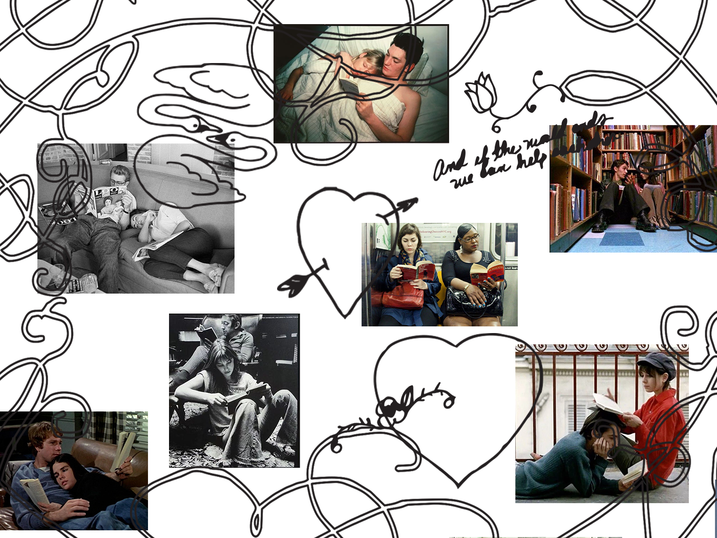 A collage of photographs showing people reading books, interspersed with black line drawings.