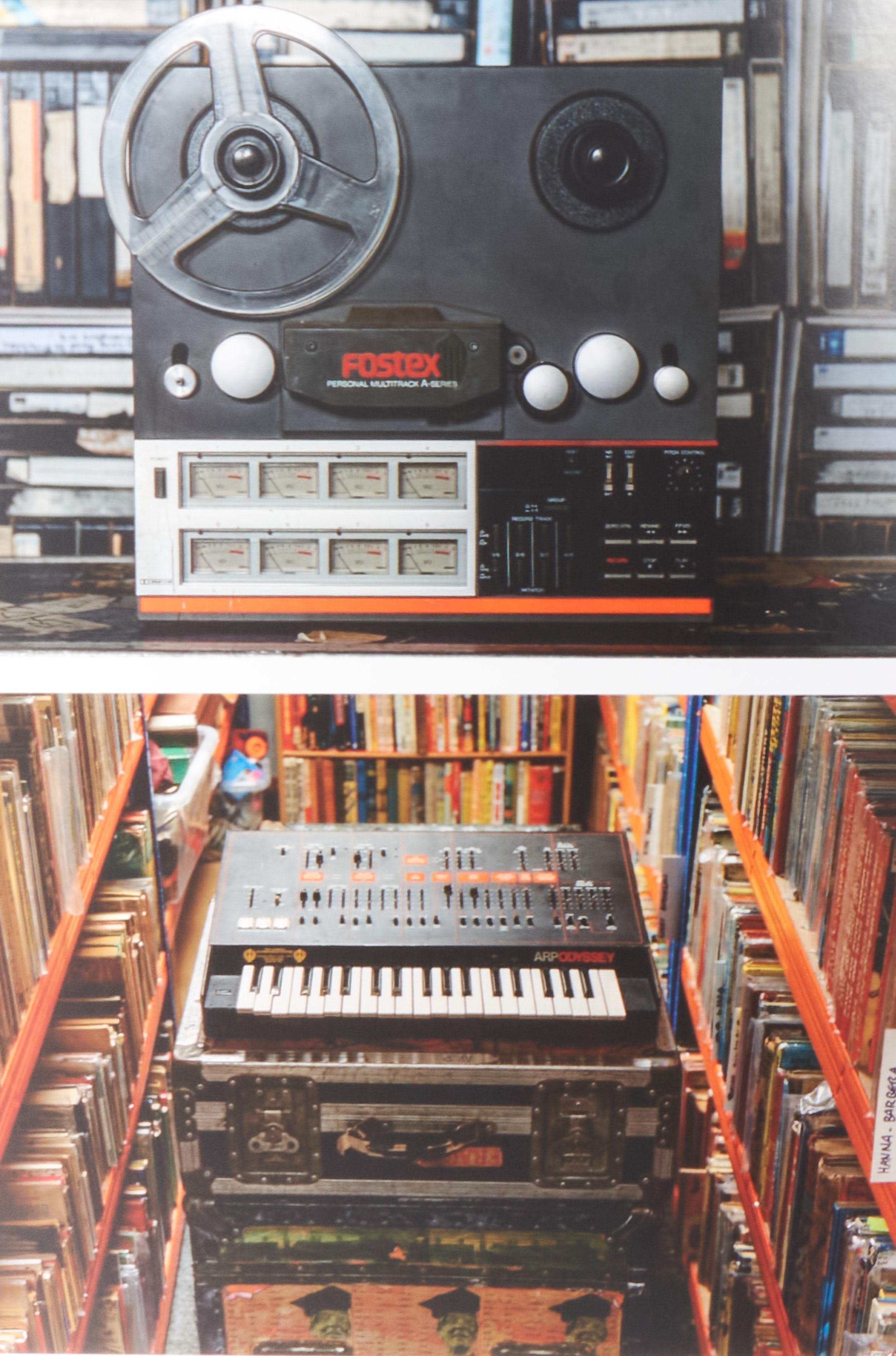 Two photos showing a vintage Fostex reel-to-reel tape recorder and an ARP Odyssey synthesizer.