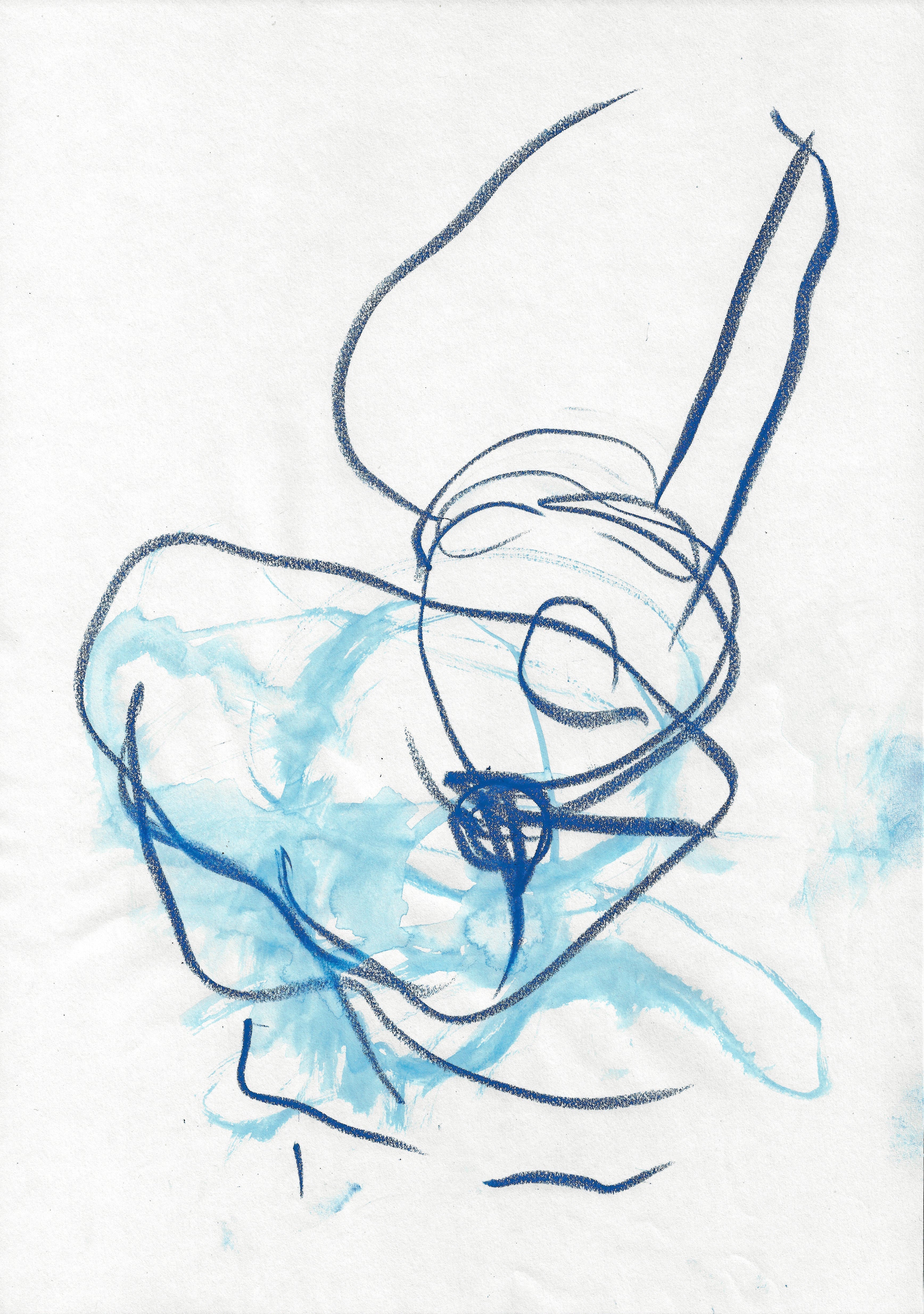 Abstract blue ink and watercolor drawing on white paper.