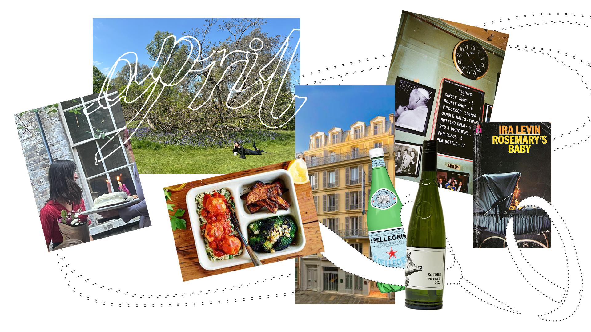 Collage of lifestyle photos including a park, a cake, food, a bottle of water, and a book cover.