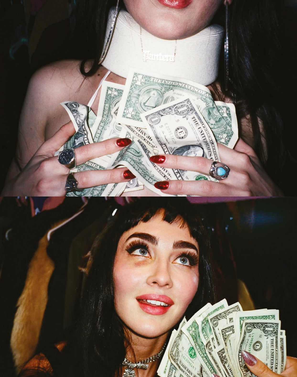 Two photographs of a woman with red nails holding a fan of US dollar bills.