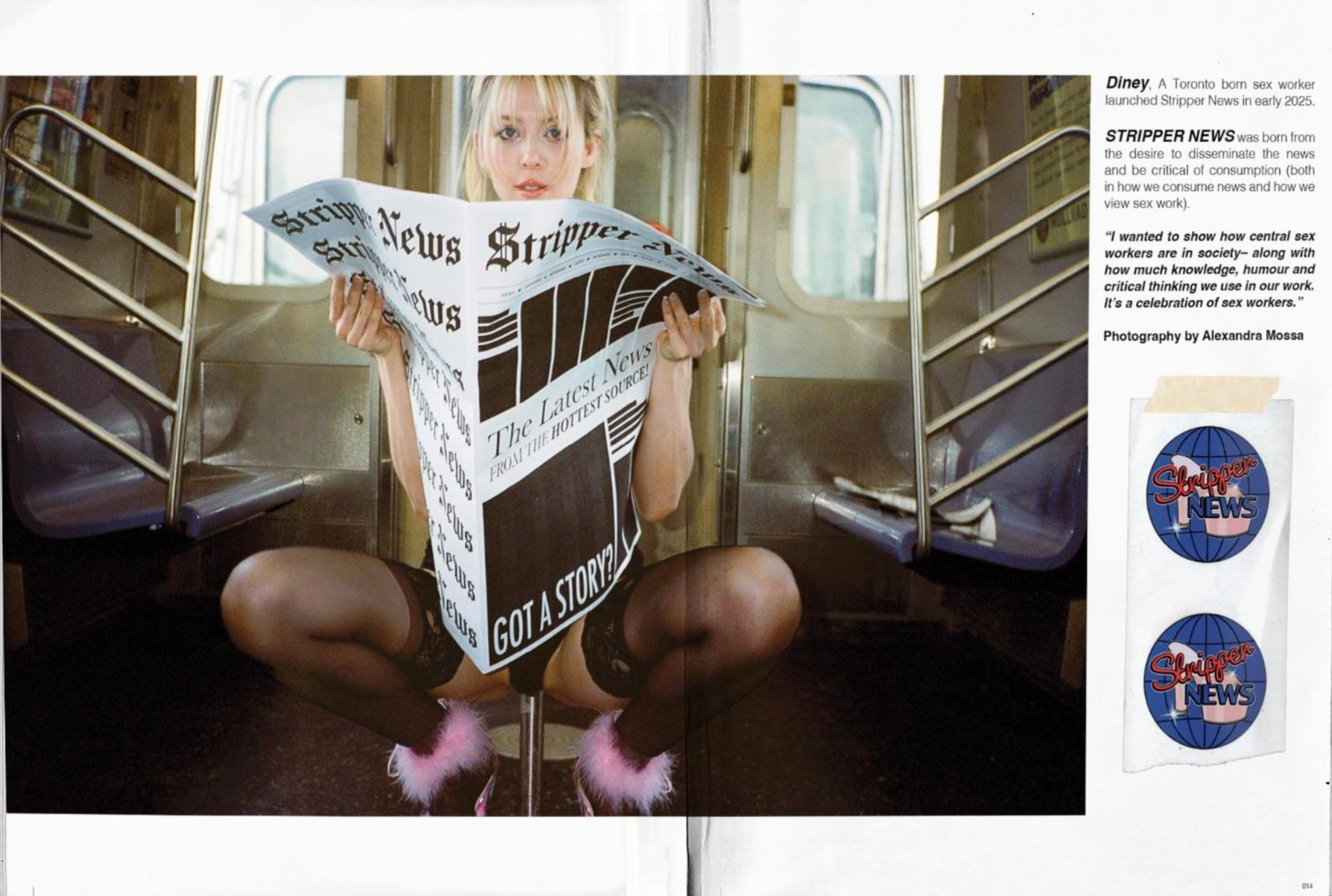 Interior spread from 'Stripper News' featuring a woman holding a newspaper on a train.