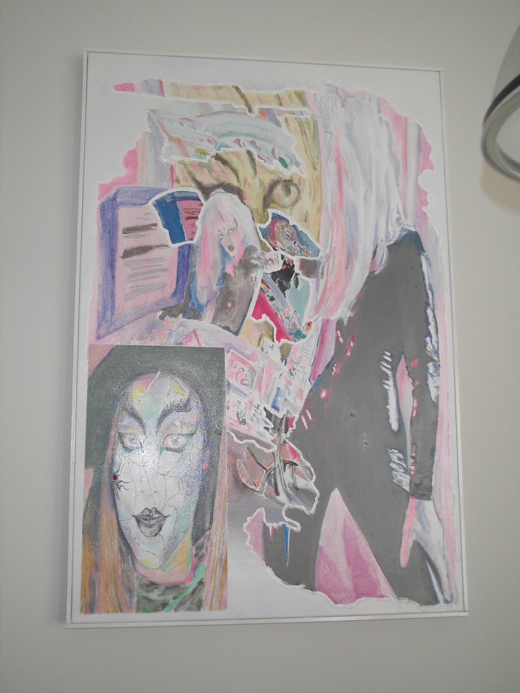 Abstract mixed-media painting featuring fragmented faces and figures in pink, grey, and white.