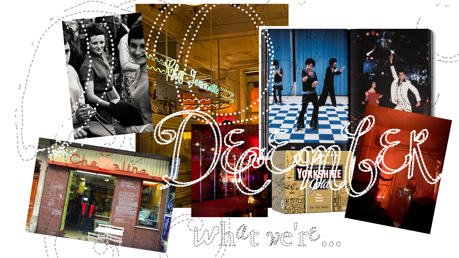 Collage of vintage photography, an interior book spread, and a storefront with the word 'December'.