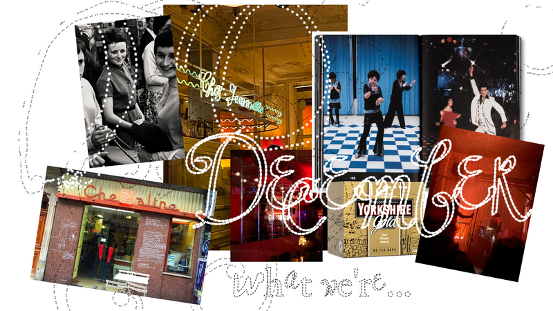 Collage of vintage photography, an interior book spread, and a storefront with the word 'December'.