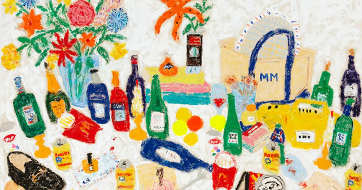 Colorful expressionist painting of a still life with bottles, fruit, and a basket.