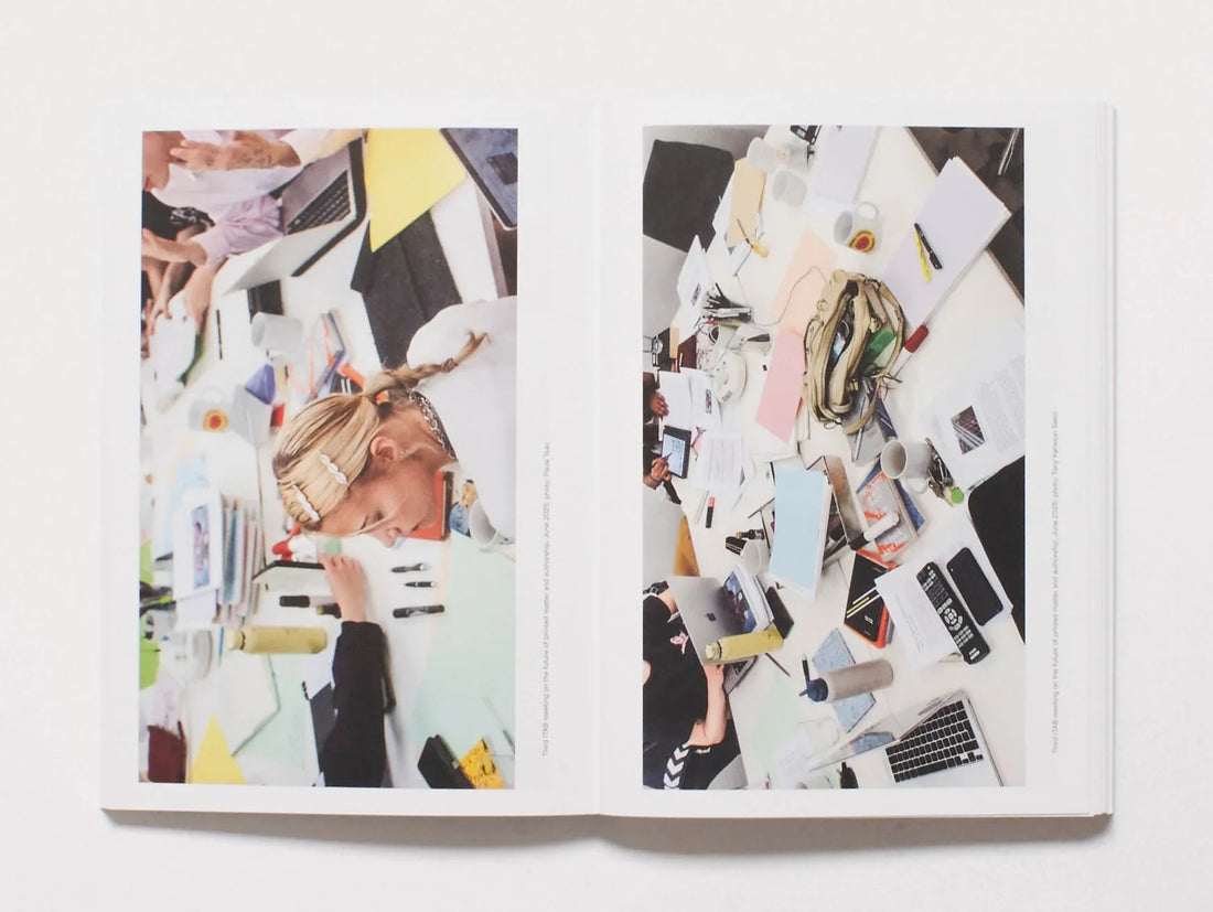 Interior spread showing two photographs of a cluttered creative workspace with a person.