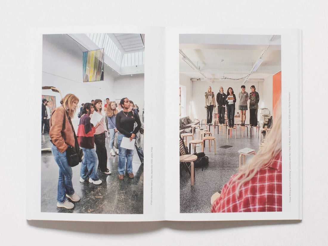 Interior spread from 'Slump: Writing as Form of Exhibiting' showing people in a gallery setting.