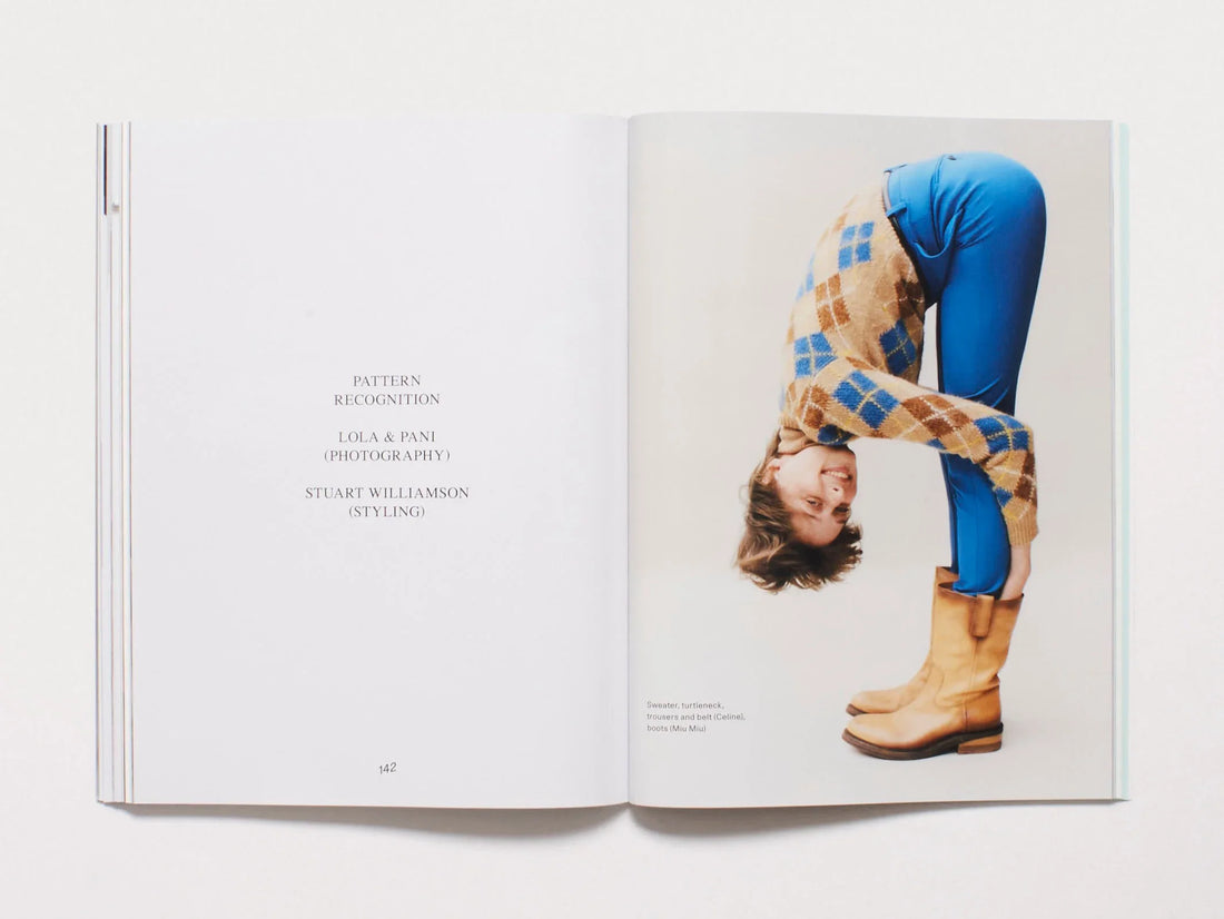 Interior spread from 'Pattern Recognition' featuring a photographic portrait of a person in blue trousers.