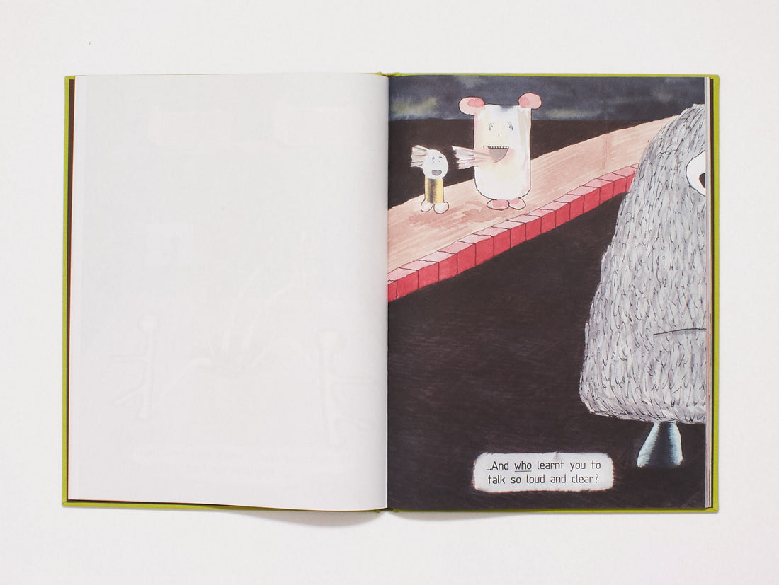 Interior spread from a children's book featuring whimsical characters.