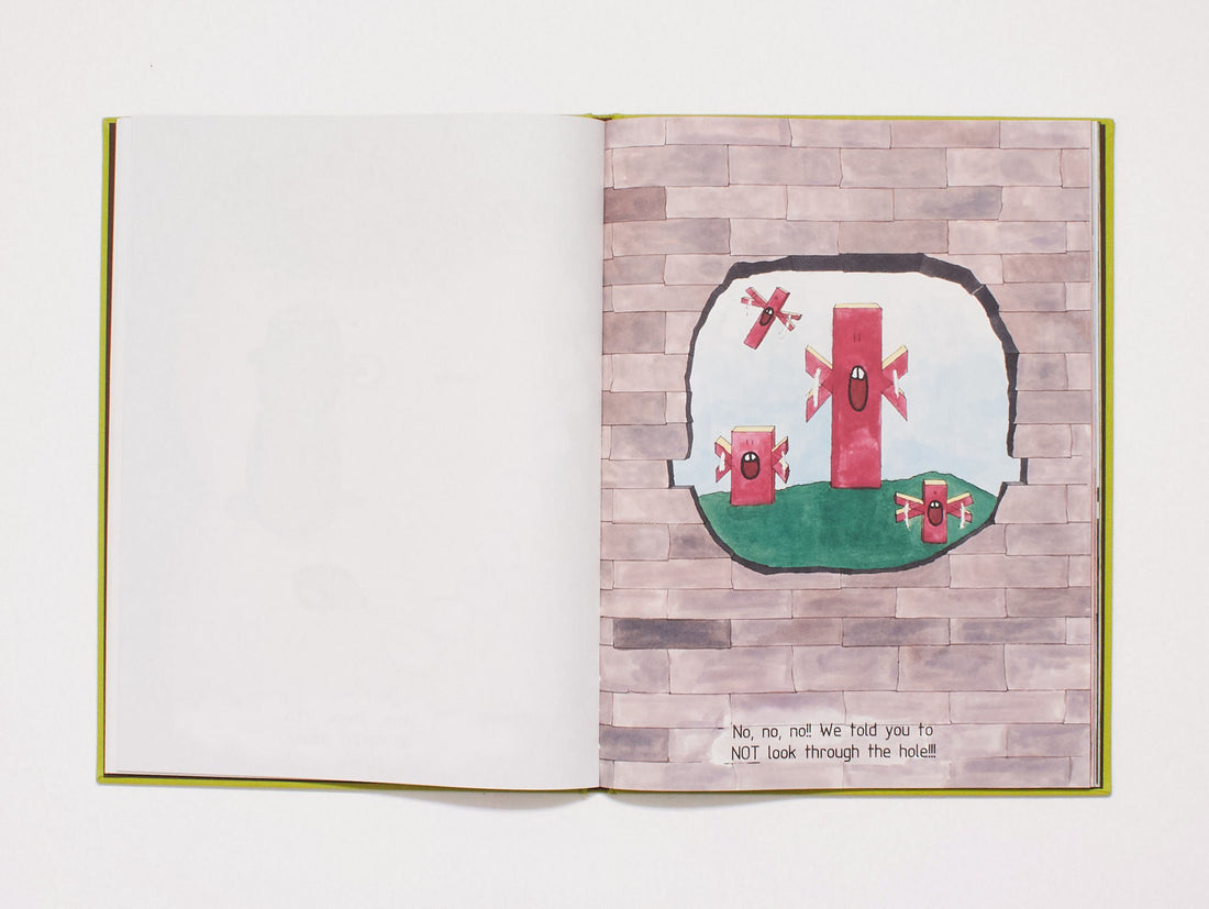 Interior spread featuring an illustration of red characters viewed through a hole in a brick wall.