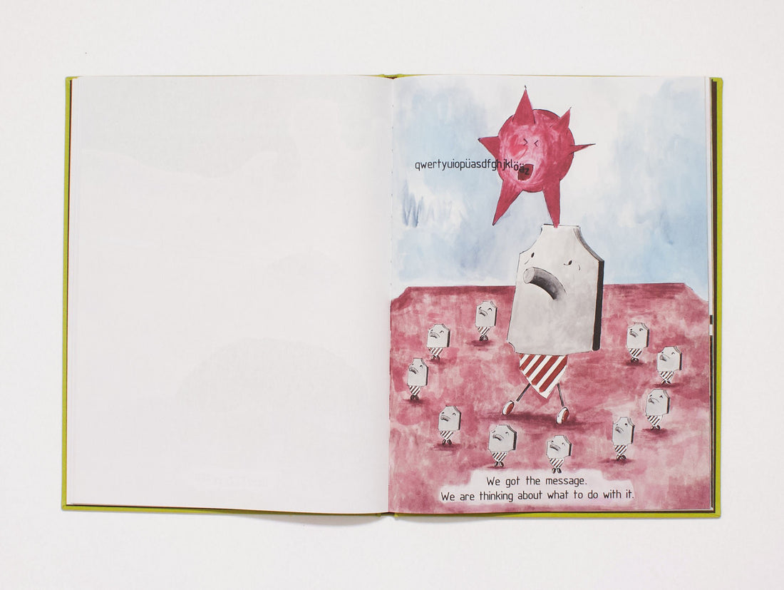 Interior spread featuring surrealist illustrations and text on a red landscape.