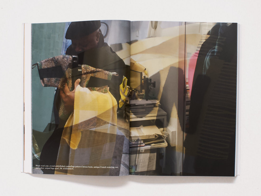 Interior spread from a photography book showing a person with a yellow scarf and patterned fabric.