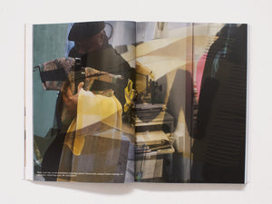 Interior spread from a photography book showing a person with a yellow scarf and patterned fabric.