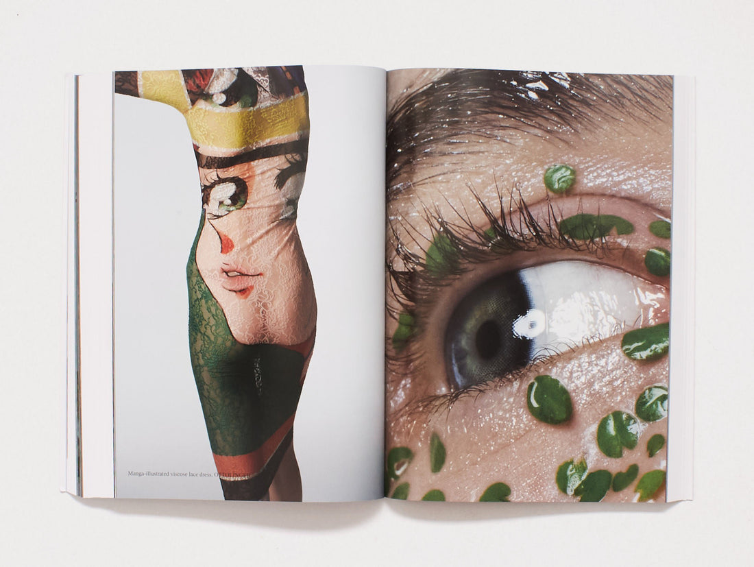 Interior spread showing surreal fashion photography and a close-up of an eye with green beads.