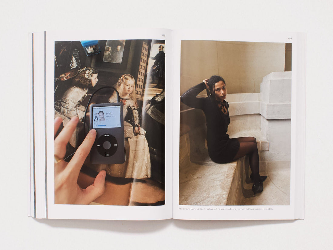 Interior spread from a photography book featuring a collage and a fashion portrait.