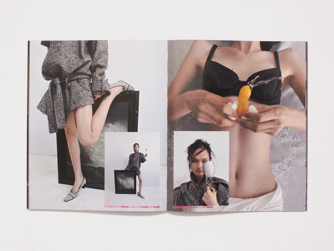 Interior spread from a fashion and photography book featuring conceptual imagery.