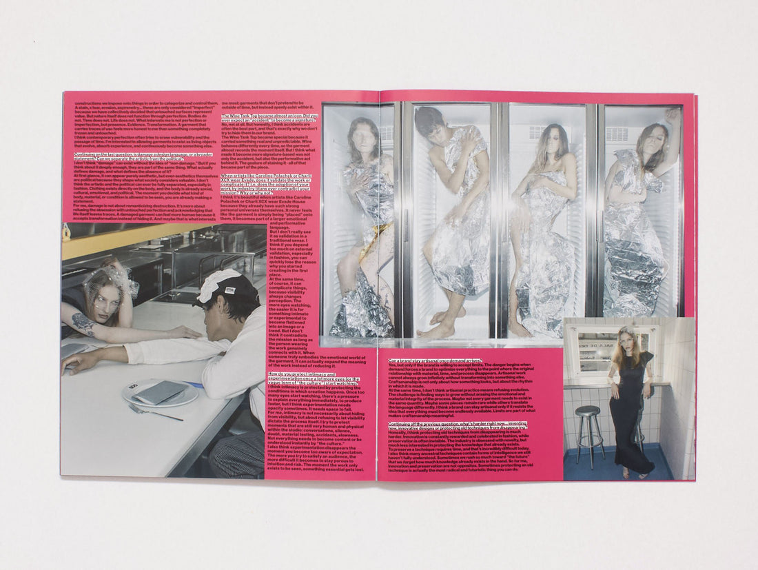 Interior spread from a photography and art book featuring fashion editorials and text.