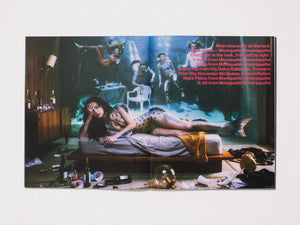 Interior spread featuring a surreal fashion photography scene with multiple models.