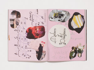 Interior spread from a design book featuring pink pages with mixed media collage and handwriting.