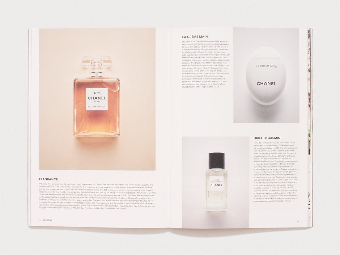 Interior spread from 'CHANEL' featuring fragrance and skincare product photography.