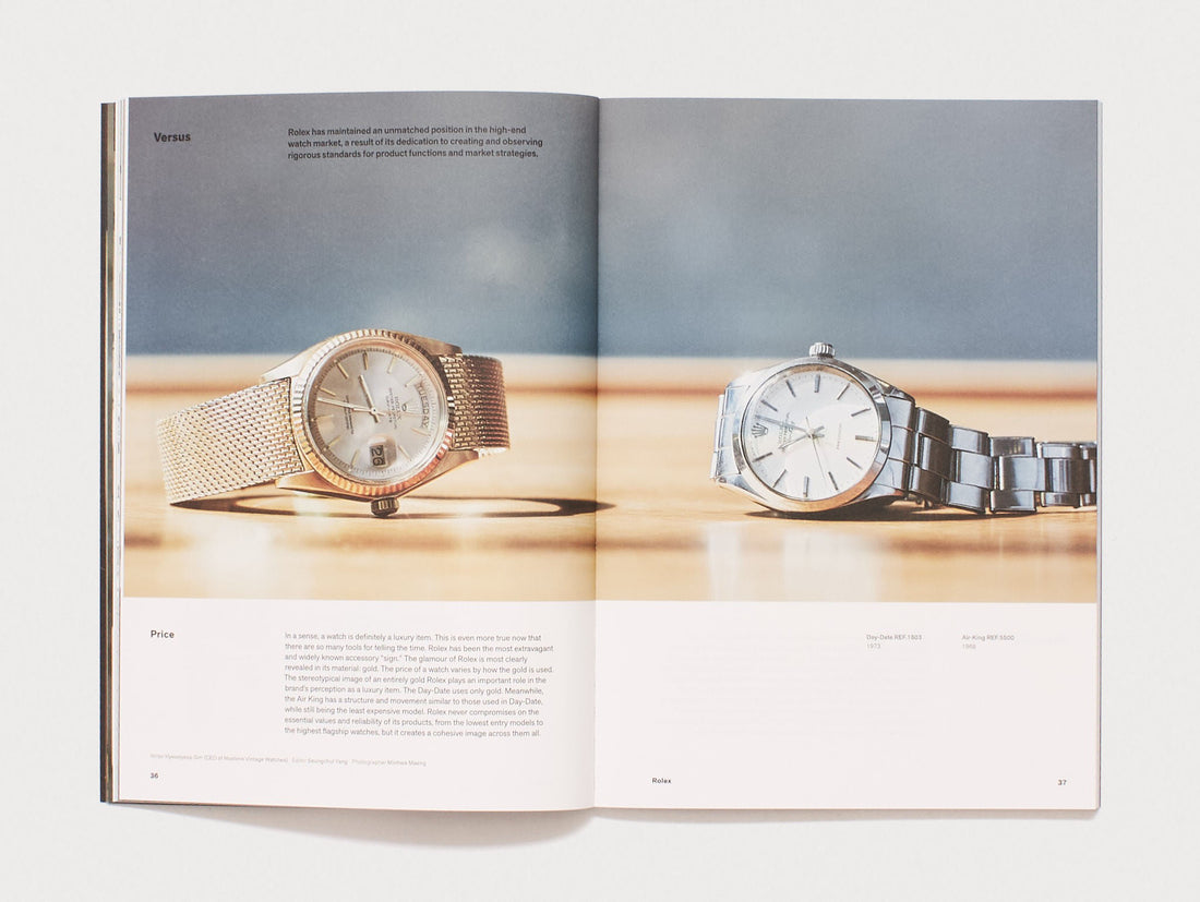Interior spread from 'Versus' showing two Rolex watches.