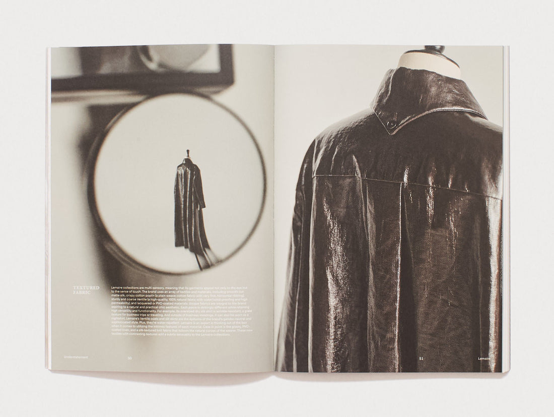 Interior spread featuring photography of textured leather garments.