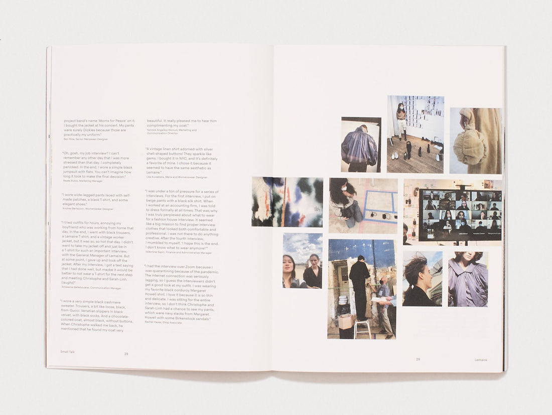 Interior spread from 'Lemaire' featuring text and fashion photography.