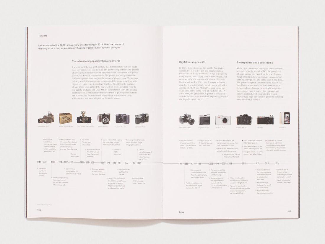 Interior spread from a book showing a timeline of Leica camera history.