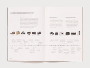 Interior spread from a book showing a timeline of Leica camera history.