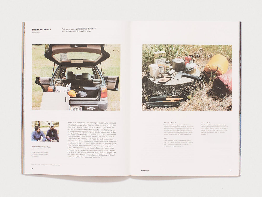 Interior spread from 'Brand to Brand' featuring an open car trunk with camping gear.