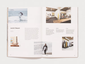 Interior spread from 'Junichi Tatsumi' featuring surfing photos and text.