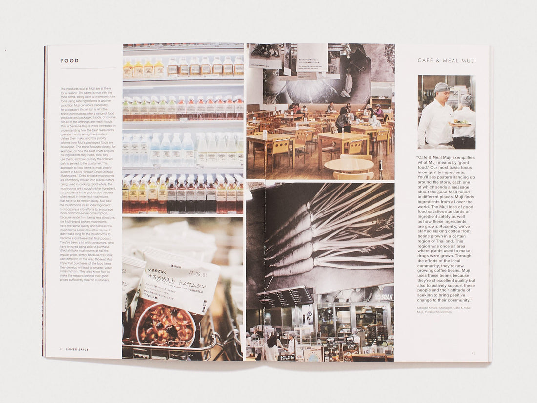Interior spread from 'INNER SPACE' showing pages about Food and Café & Meal MUJI.