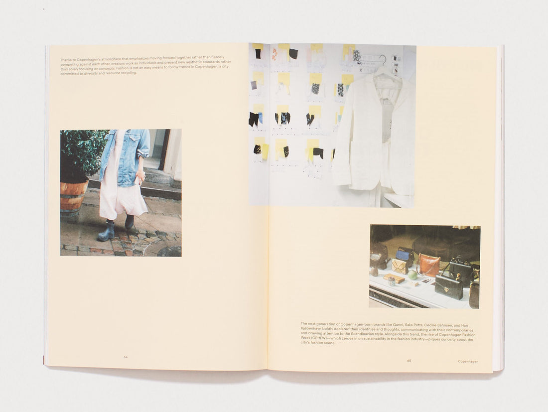 Interior spread from 'Copenhagen' showing fashion photography and text.