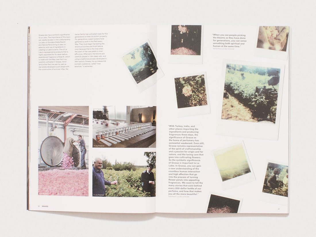 Interior spread from 'Grasse' featuring photographs of floral harvesting and distillation.