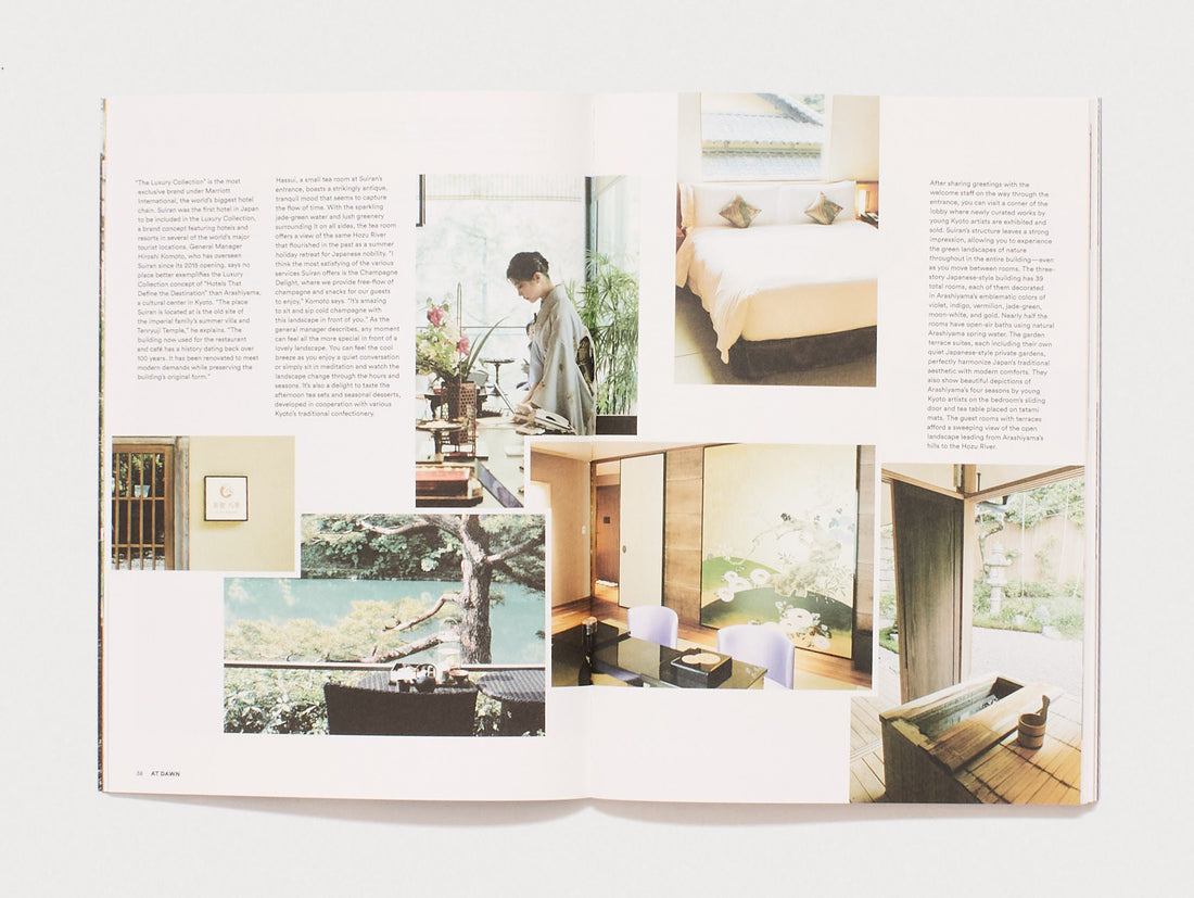 Interior spread from 'AT DAWN' showing photographs of Japanese architecture and interiors.
