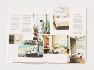 Interior spread from 'AT DAWN' showing photographs of Japanese architecture and interiors.