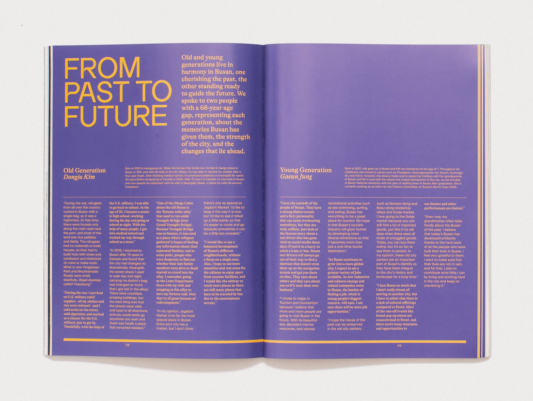 Interior spread from 'FROM PAST TO FUTURE' featuring interviews and text layout.