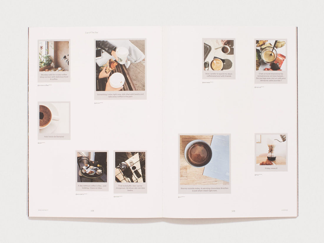 Interior spread from a book featuring a collage of coffee-themed photographs and text.
