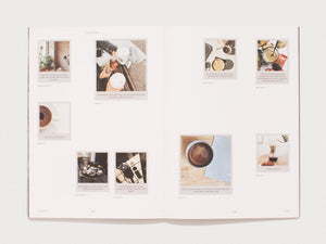 Interior spread from a book featuring a collage of coffee-themed photographs and text.