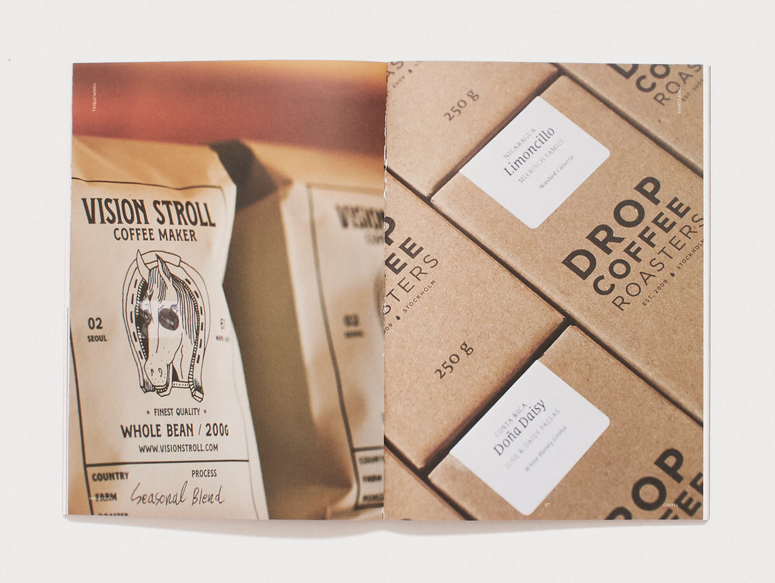 Interior spread showing coffee packaging design with 'Vision Stroll' and 'Drop Coffee Roasters'