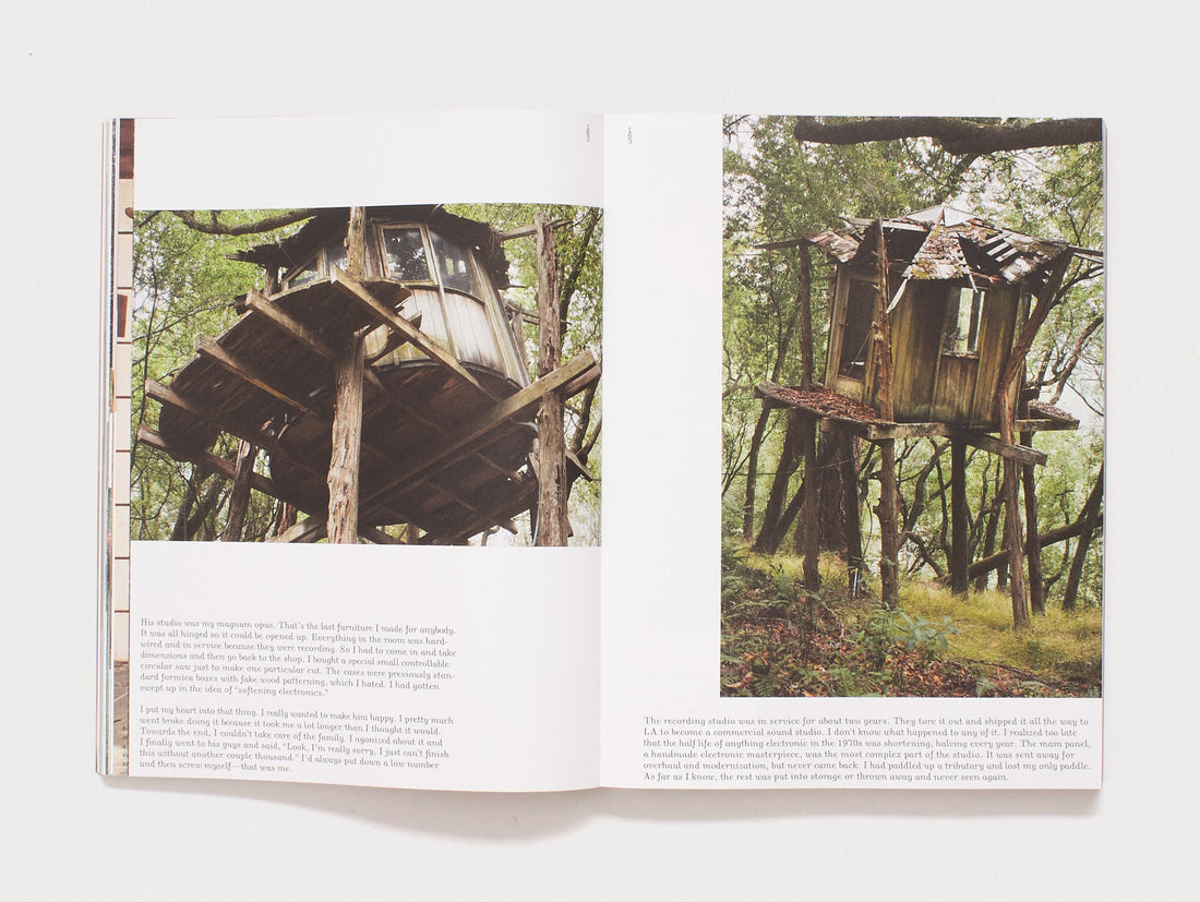 Interior spread featuring photos and text about a treehouse studio.