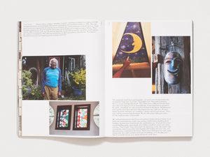 Interior spread from a book featuring a portrait of a man and an abstract painting.