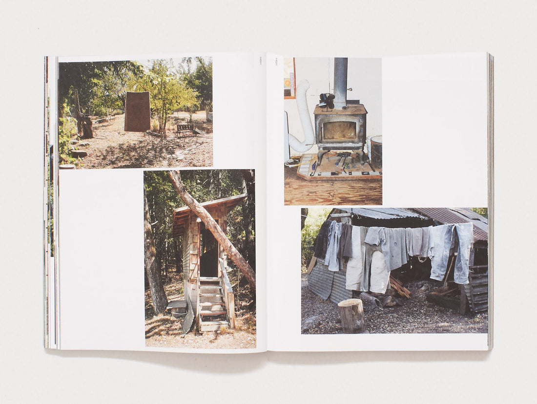 Interior spread showing photography of rustic cabins and a wood stove.