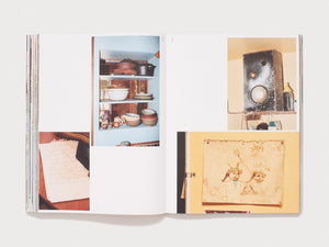 Interior spread from a photography book featuring domestic snapshots and drawings.