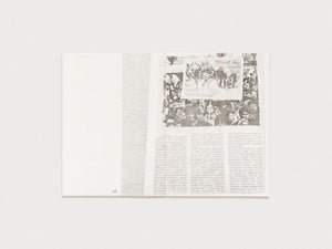 Interior spread from a book featuring a black and white archival photograph and text.