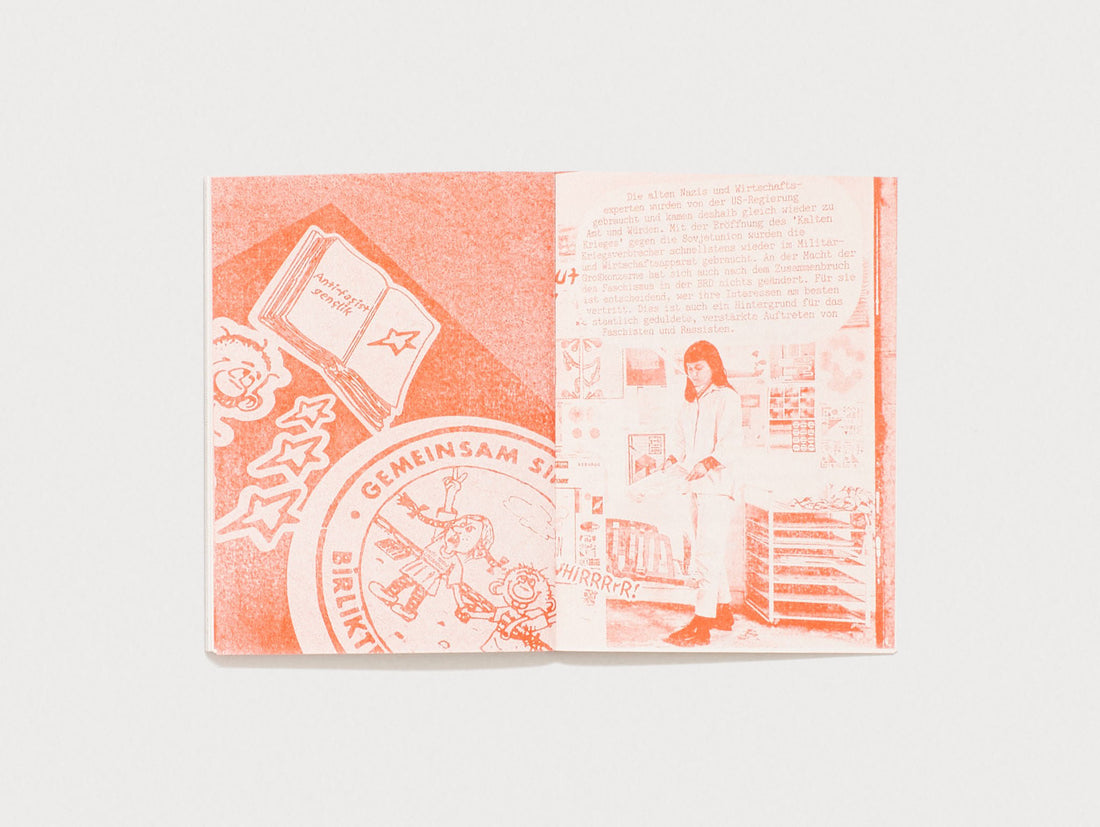 Interior spread from a book featuring orange-toned collage and German text.