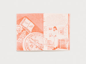 Interior spread from a book featuring orange-toned collage and German text.